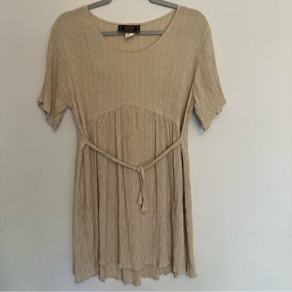 Vintage Basement USA Dress Short Sleeve Front Tie Tan One Size